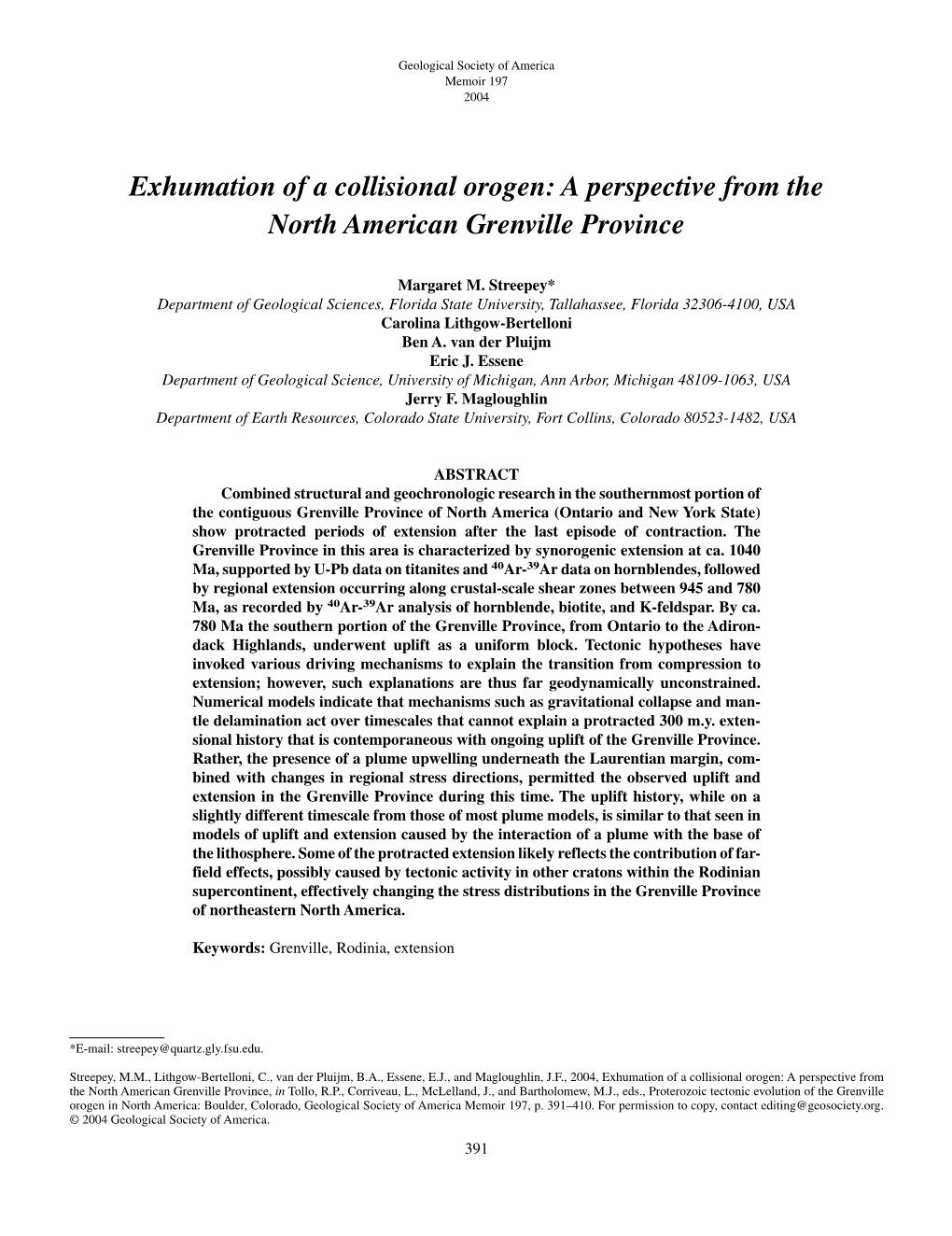 Exhumation of a Collisional Orogen: a Perspective from the North American Grenville Province