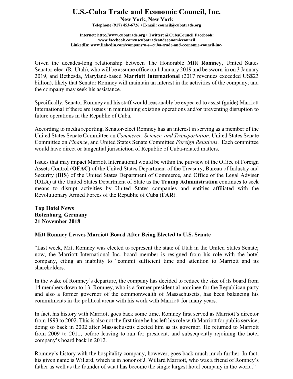 U.S.-Cuba Trade and Economic Council, Inc. New York, New York Telephone (917) 453-6726 • E-Mail: Council@Cubatrade.Org