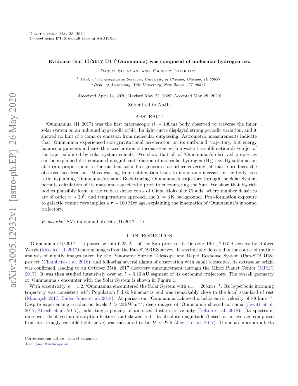 Arxiv:2005.12932V1 [Astro-Ph.EP] 26 May 2020 with Eccentricity, E = 1.2, ‘Oumuamua Encountered the Solar System with V∞ = 26 Km S