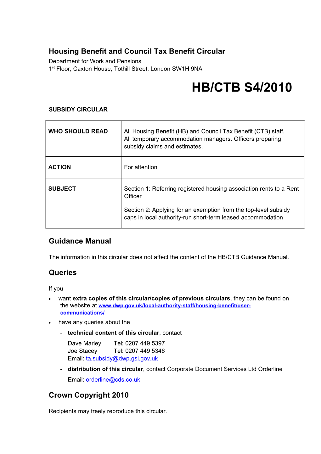 Housing Benefit and Council Tax Benefit Circular s1