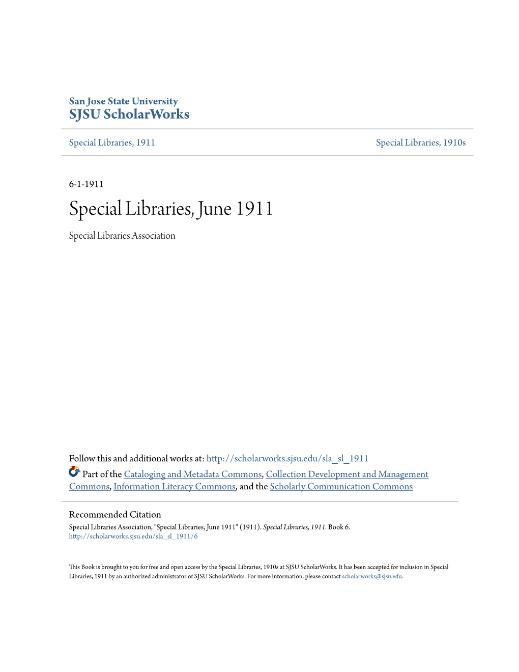 Special Libraries, June 1911 Special Libraries Association