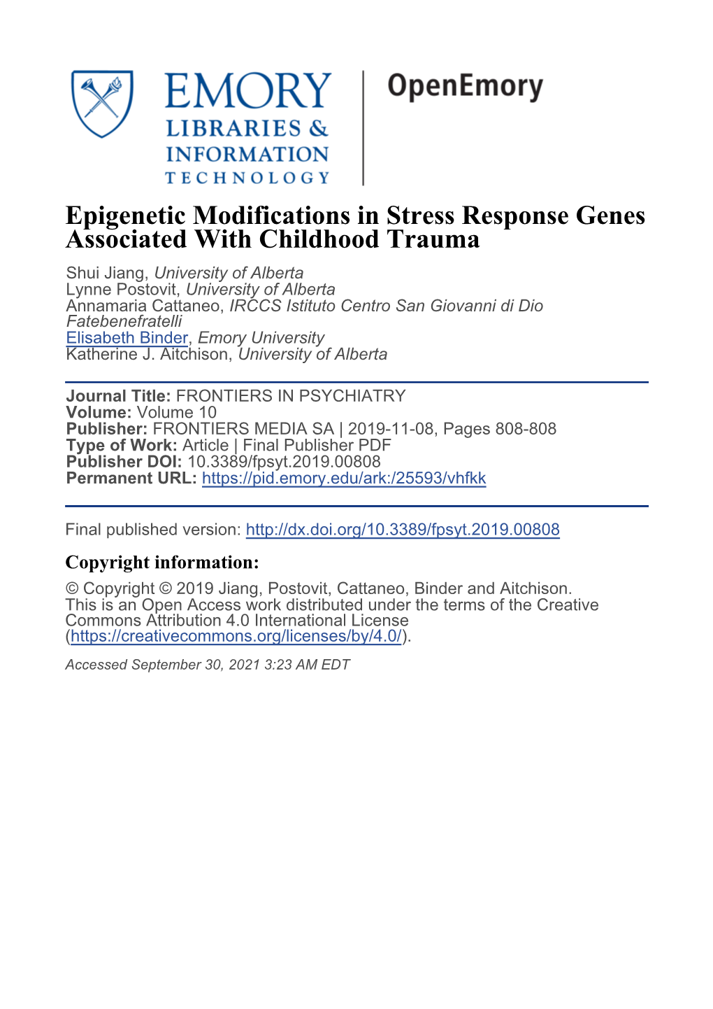 Epigenetic Modifications in Stress Response