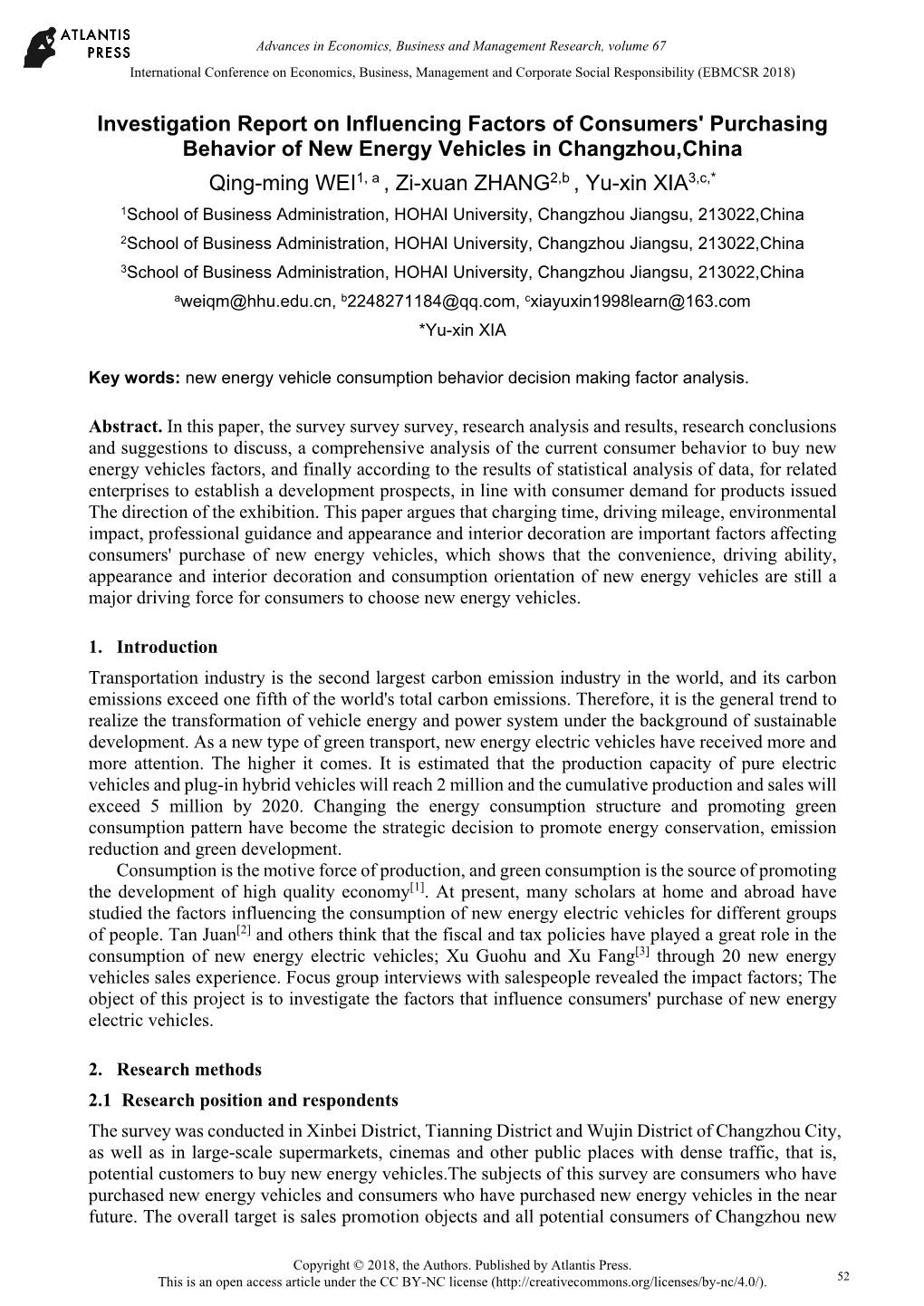 Investigation Report on Influencing Factors of Consumers' Purchasing Behavior of New Energy Vehicles in Changzhou,China