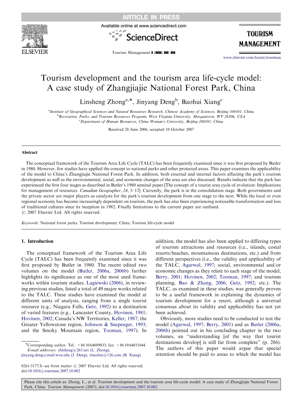 Tourism Development and the Tourism Area Life-Cycle Model: a Case Study of Zhangjiajie National Forest Park, China