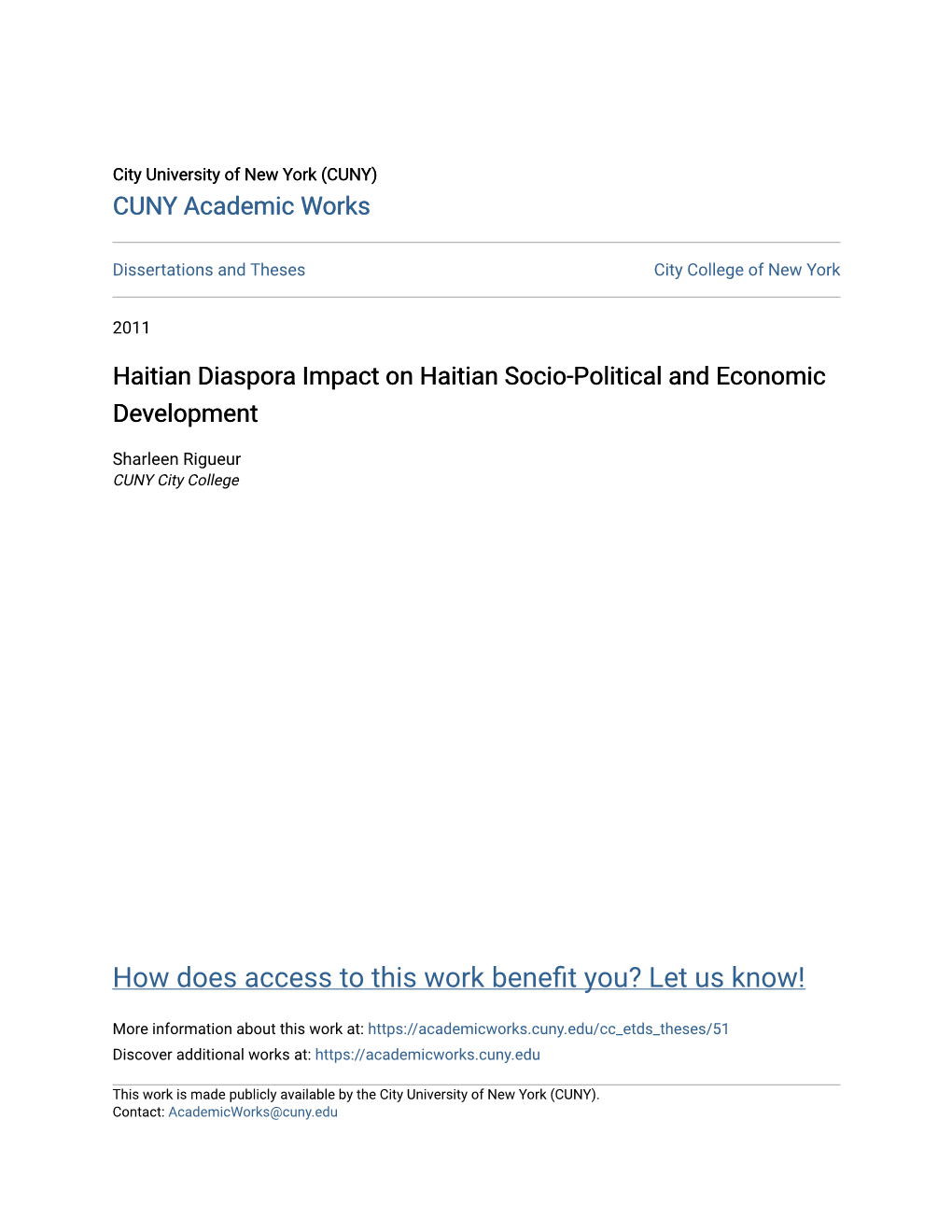 Haitian Diaspora Impact on Haitian Socio-Political and Economic Development