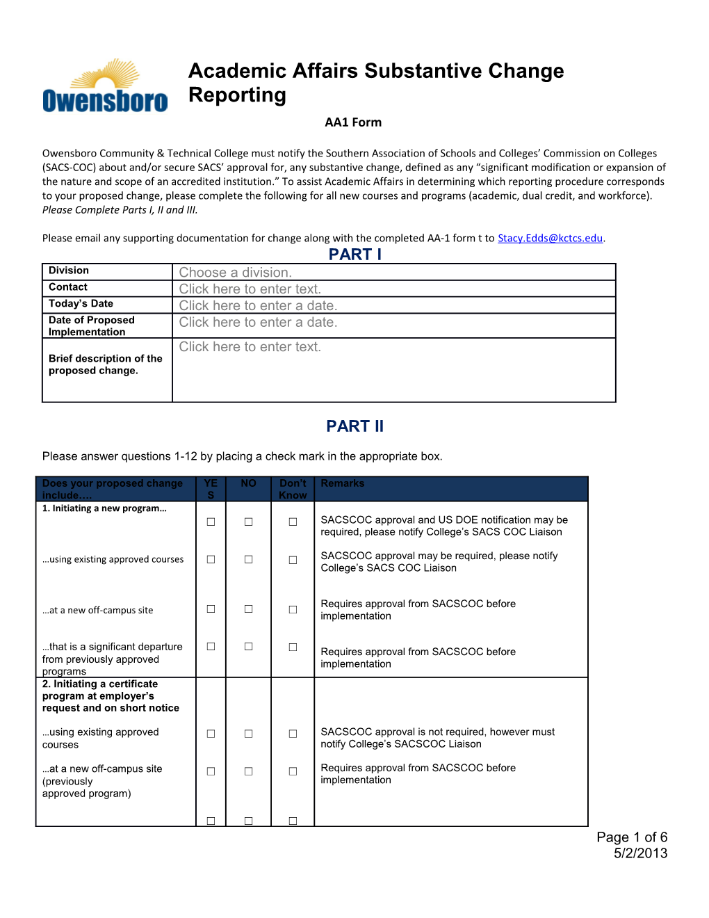 Academic Affairs Substantive Change Reporting