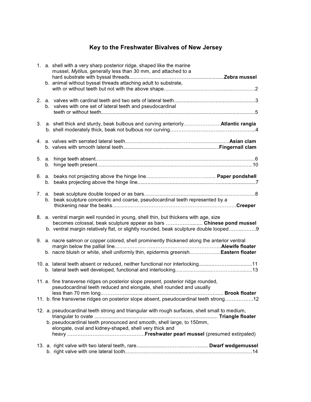 Key to the Freshwater Bivalves of New Jersey