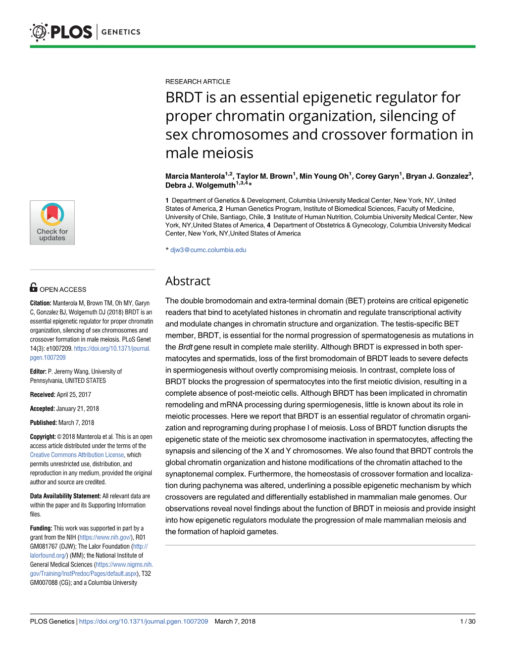 BRDT Is an Essential Epigenetic Regulator for Proper Chromatin Organization, Silencing of Sex Chromosomes and Crossover Formation in Male Meiosis