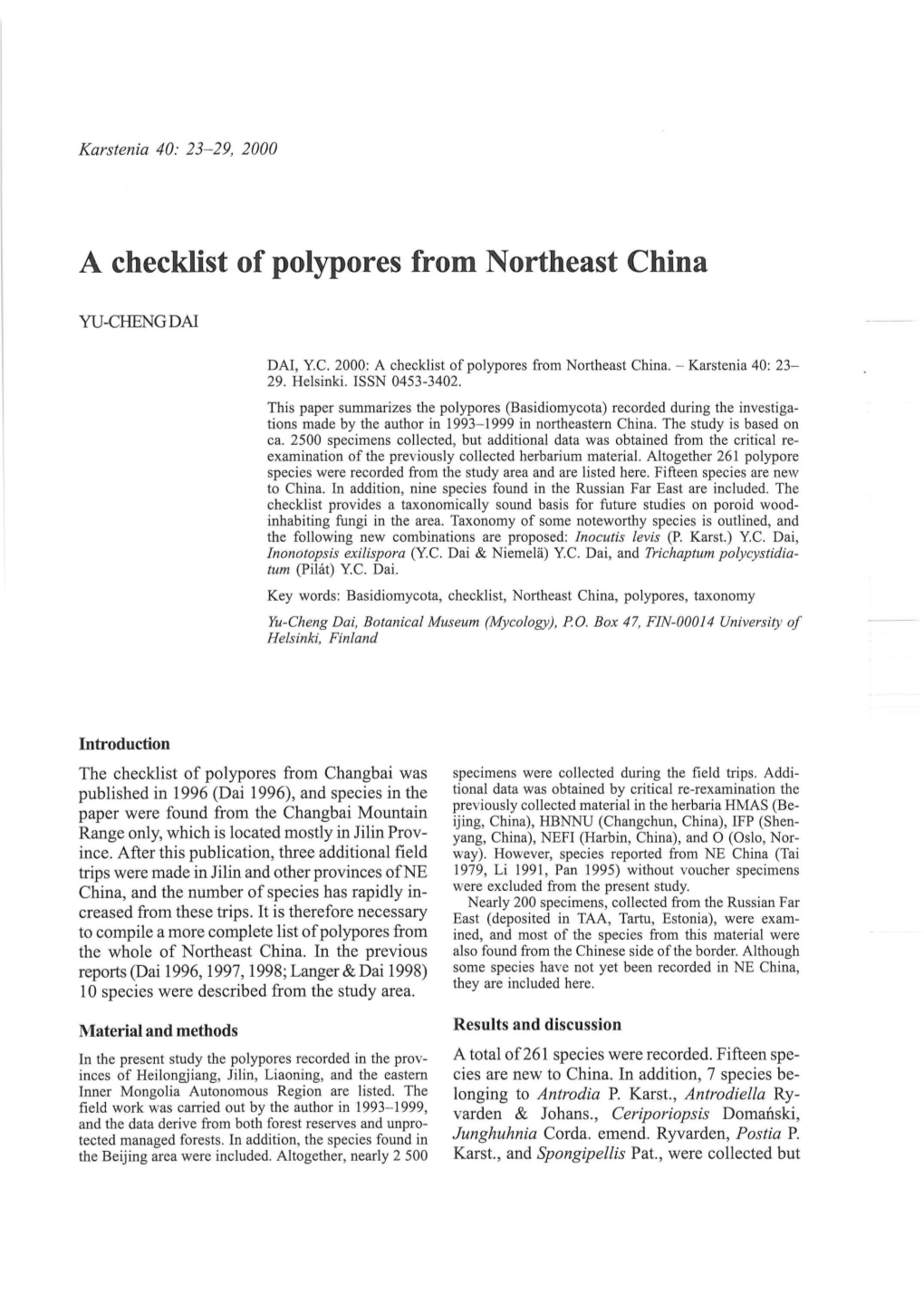 A Checklist of Polypores from Northeast China