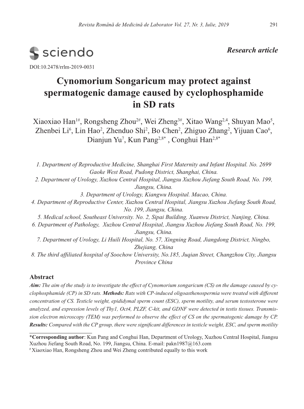 Cynomorium Songaricum May Protect Against Spermatogenic Damage Caused by Cyclophosphamide in SD Rats