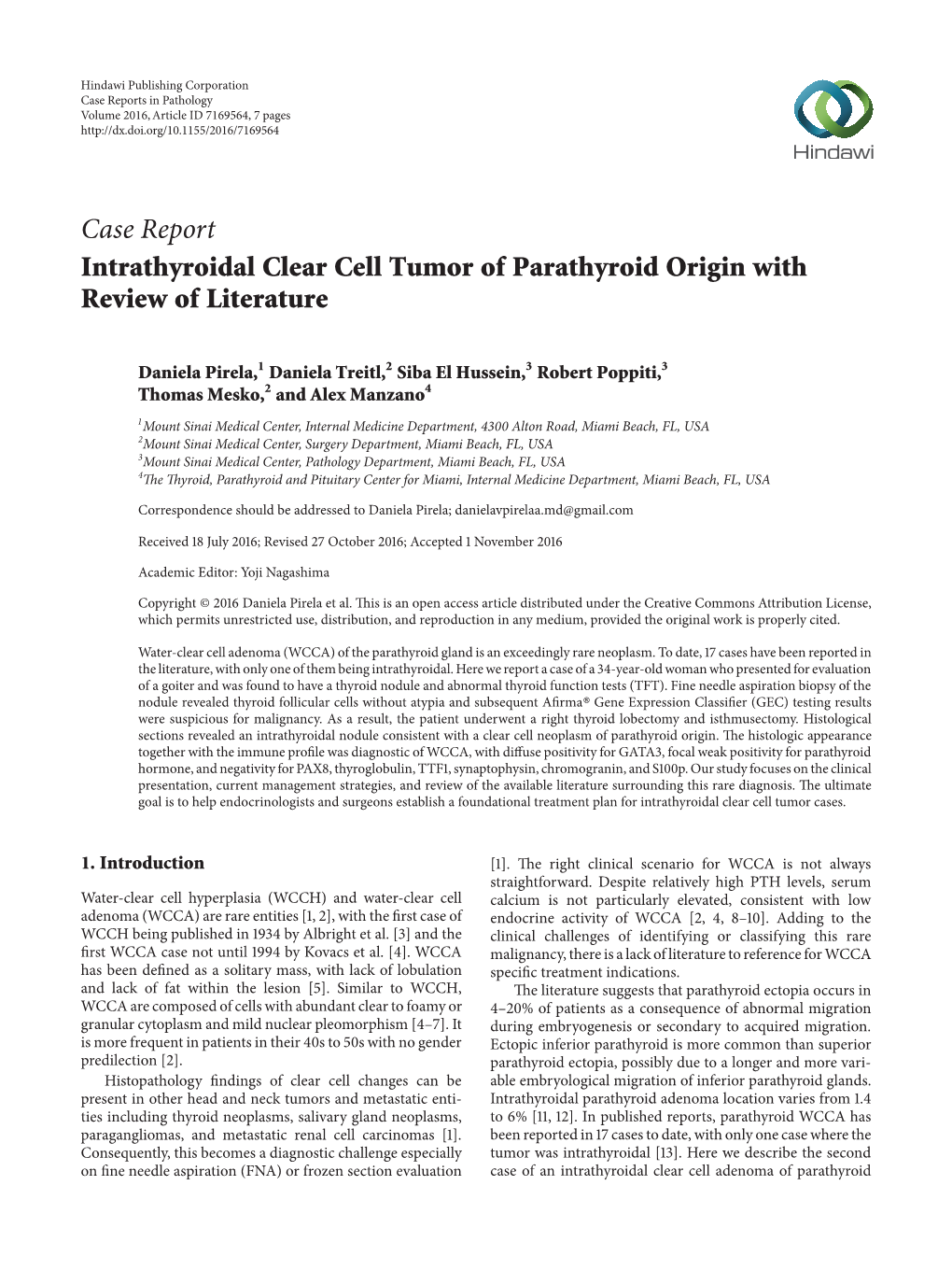 Intrathyroidal Clear Cell Tumor of Parathyroid Origin with Review of Literature