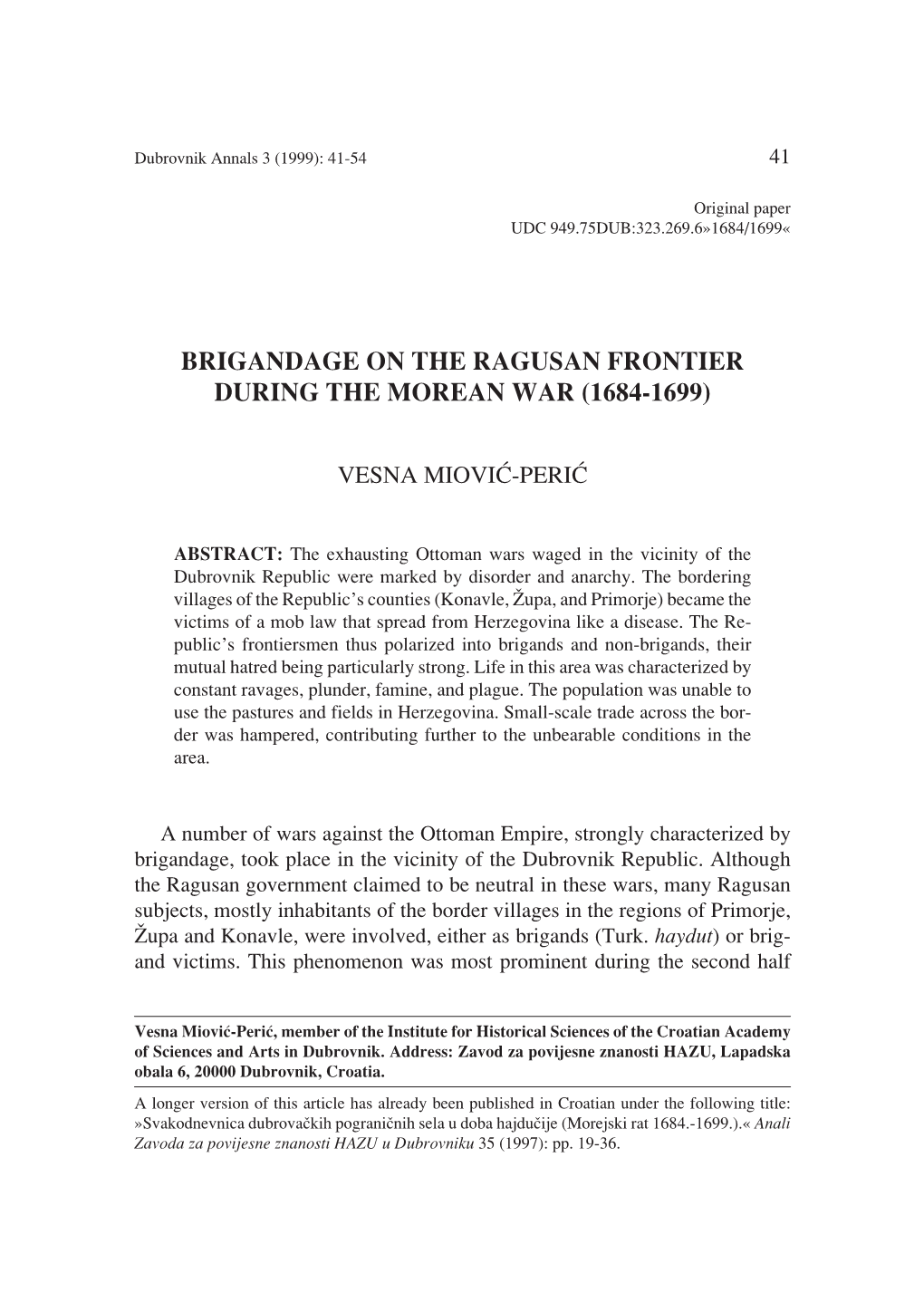 Brigandage on the Ragusan Frontier During the Morean War (1684-1699)