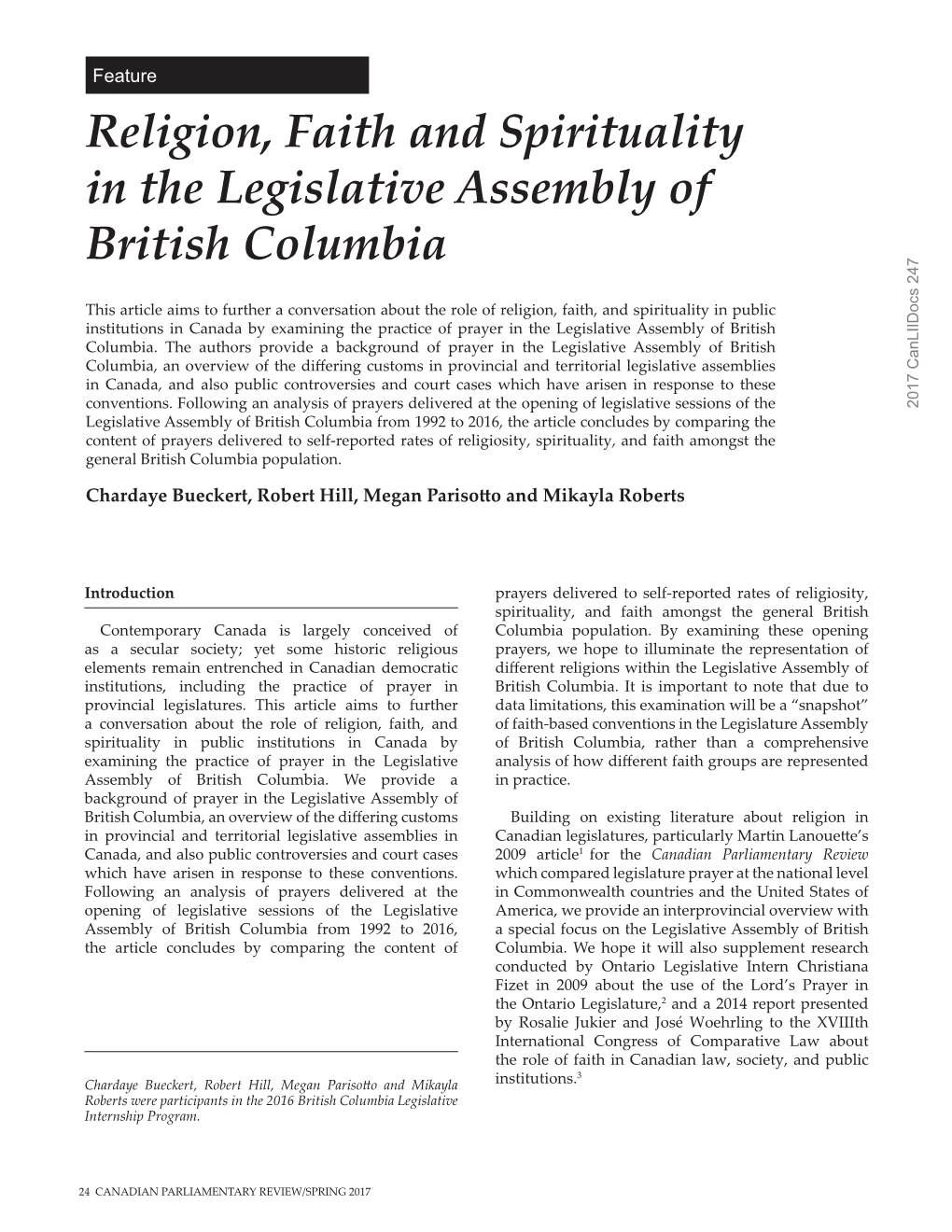 Religion, Faith and Spirituality in the Legislative Assembly of British Columbia