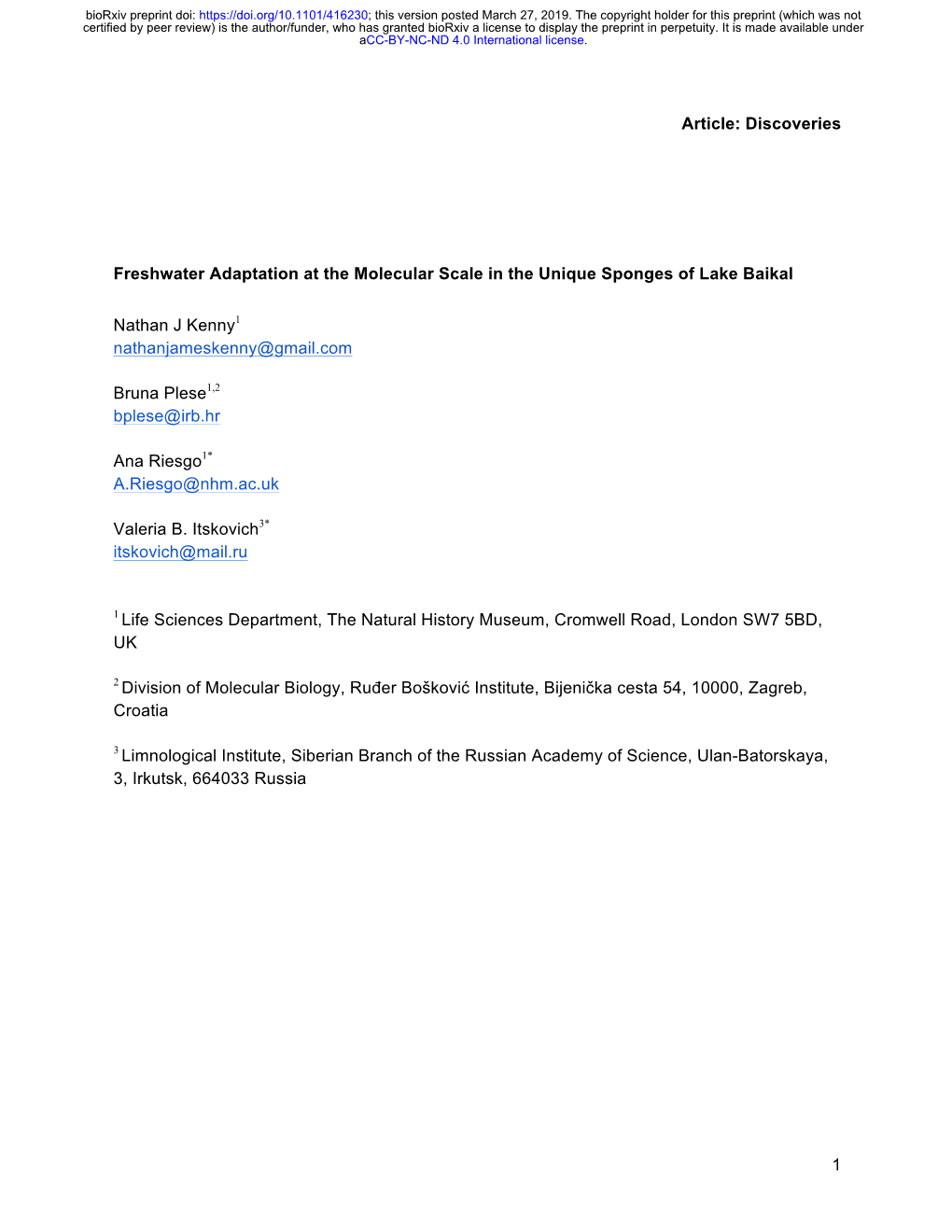 Freshwater Adaptation at the Molecular Scale in the Unique Sponges of Lake Baikal