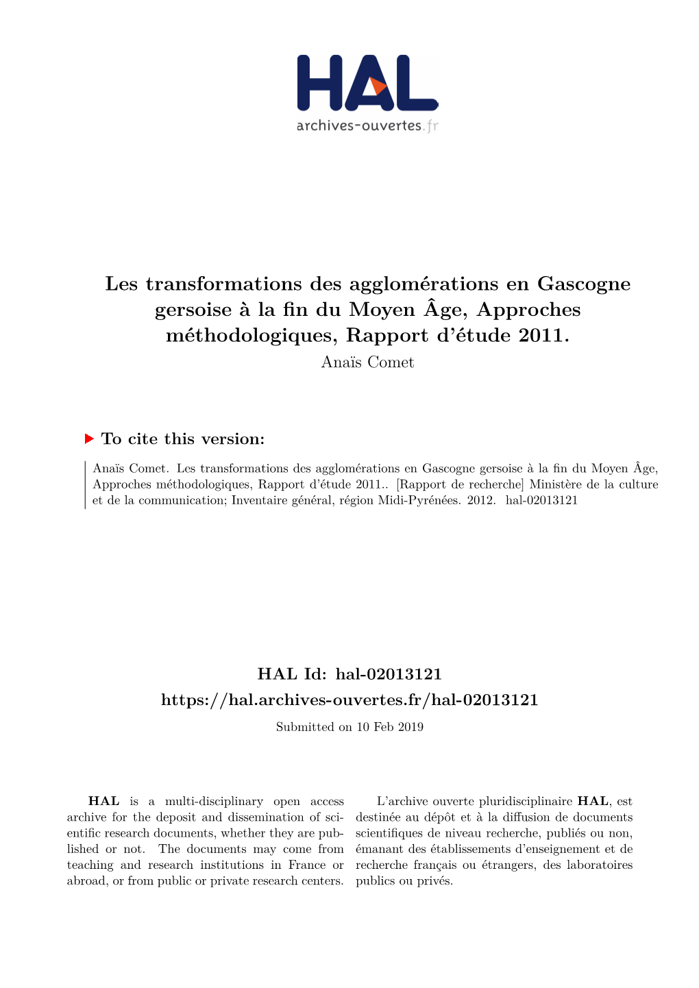 Les Transformations Des Agglomérations En Gascogne Gersoise À La Fin Du Moyen Âge, Approches Méthodologiques, Rapport D’Étude 2011