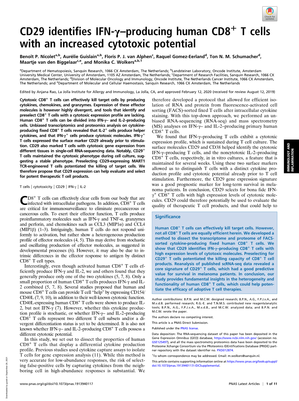 CD29 Identifies IFN-Γ–Producing Human CD8+ T Cells With