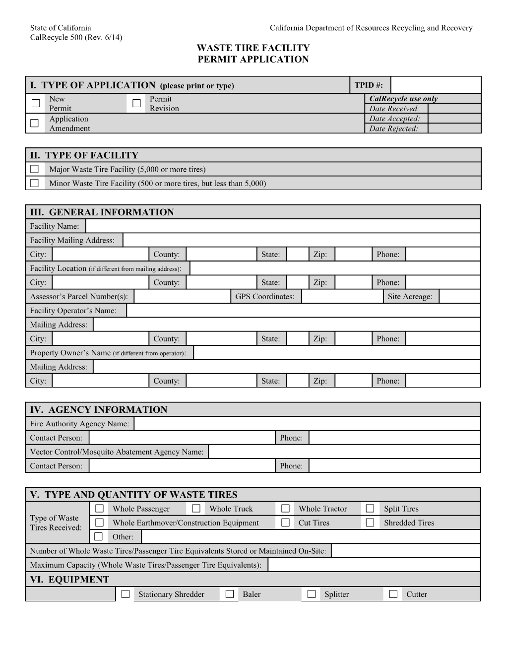 Waste Tire Facility Permit Application, Calrecycle 500, Revised 6/14