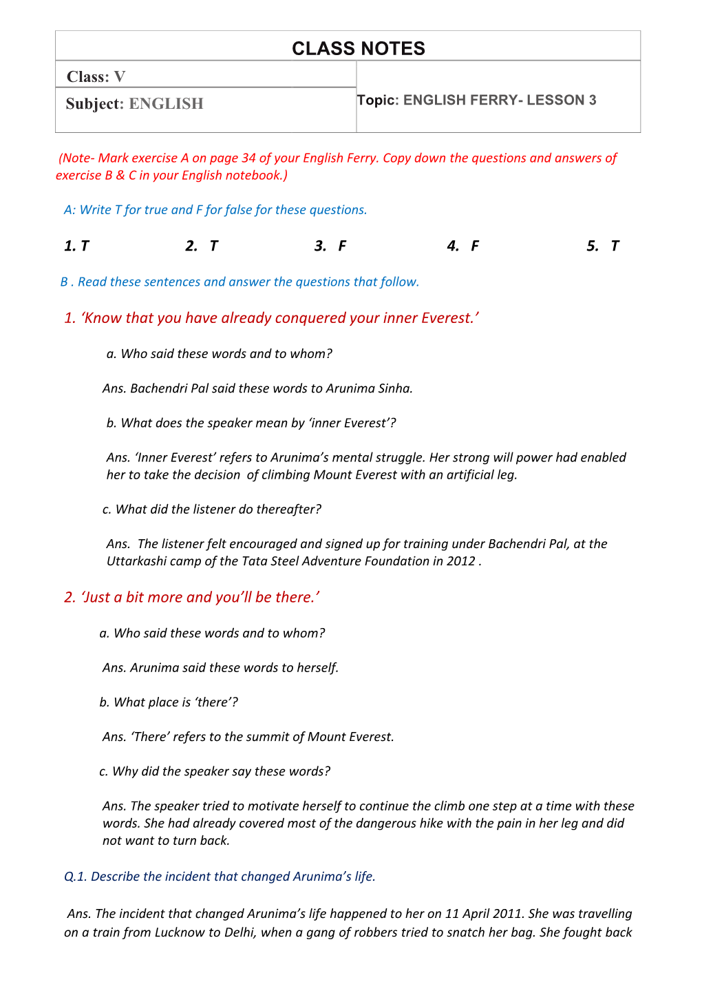 CLASS NOTES Class: V Subject: ENGLISH Topic: ENGLISH FERRY- LESSON 3