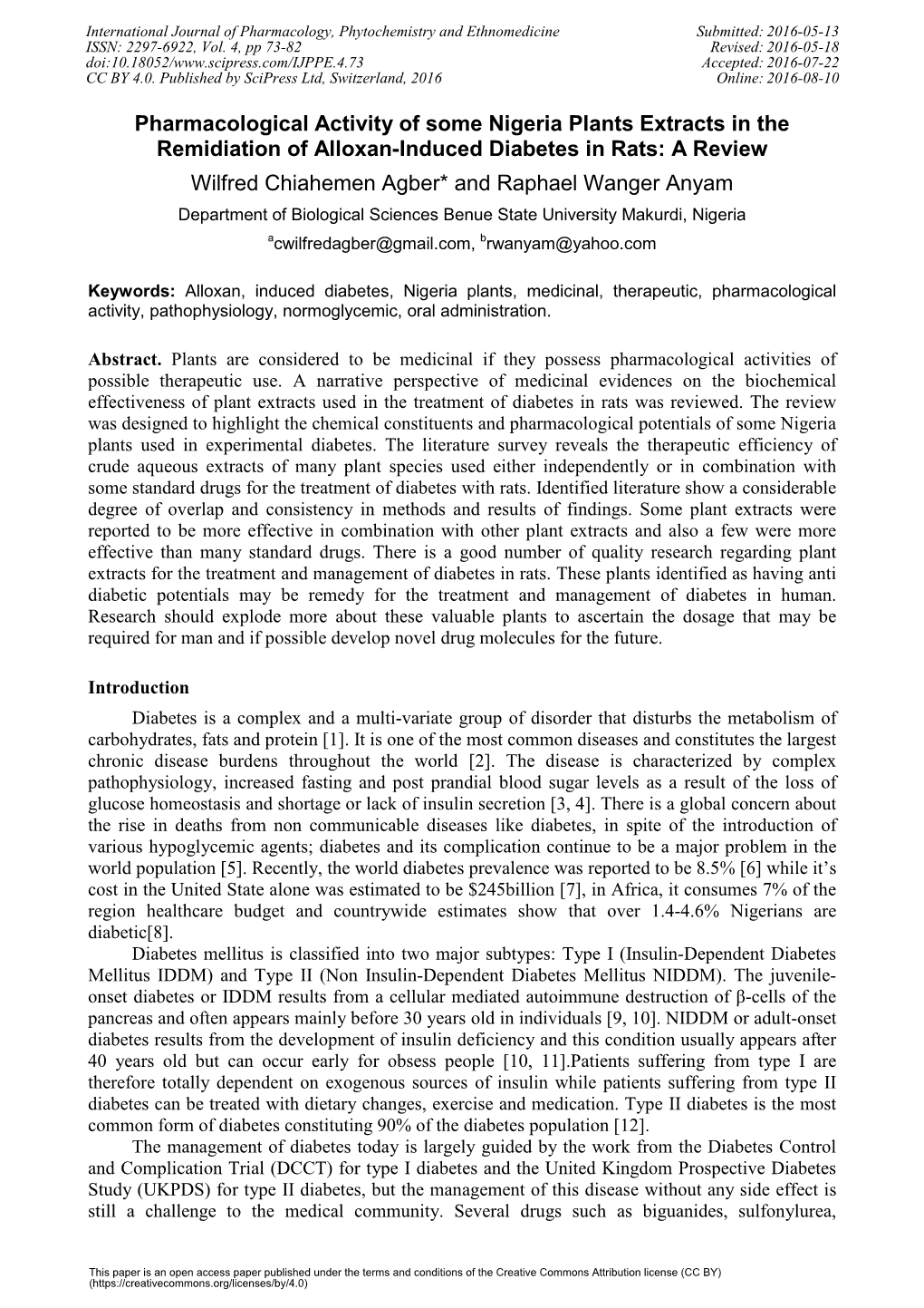 Pharmacological Activity of Some Nigeria Plants Extracts in the Remidiation of Alloxan-Induced Diabetes in Rats