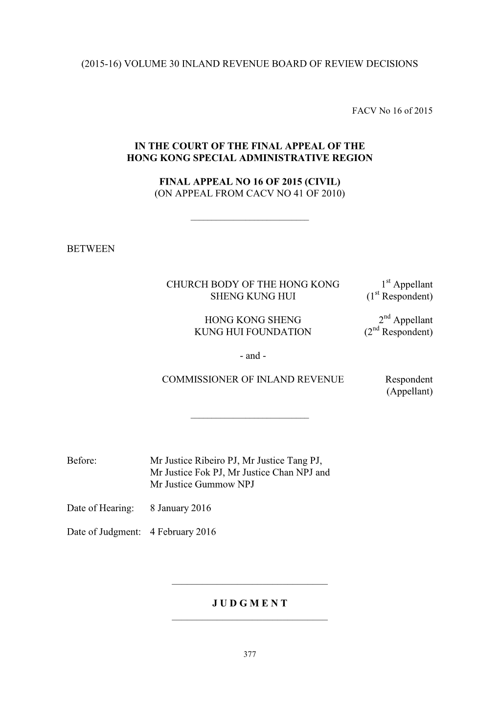 (2015-16) Volume 30 Inland Revenue Board of Review Decisions in the Court of the Final Appeal of the Hong Kong Special Administr