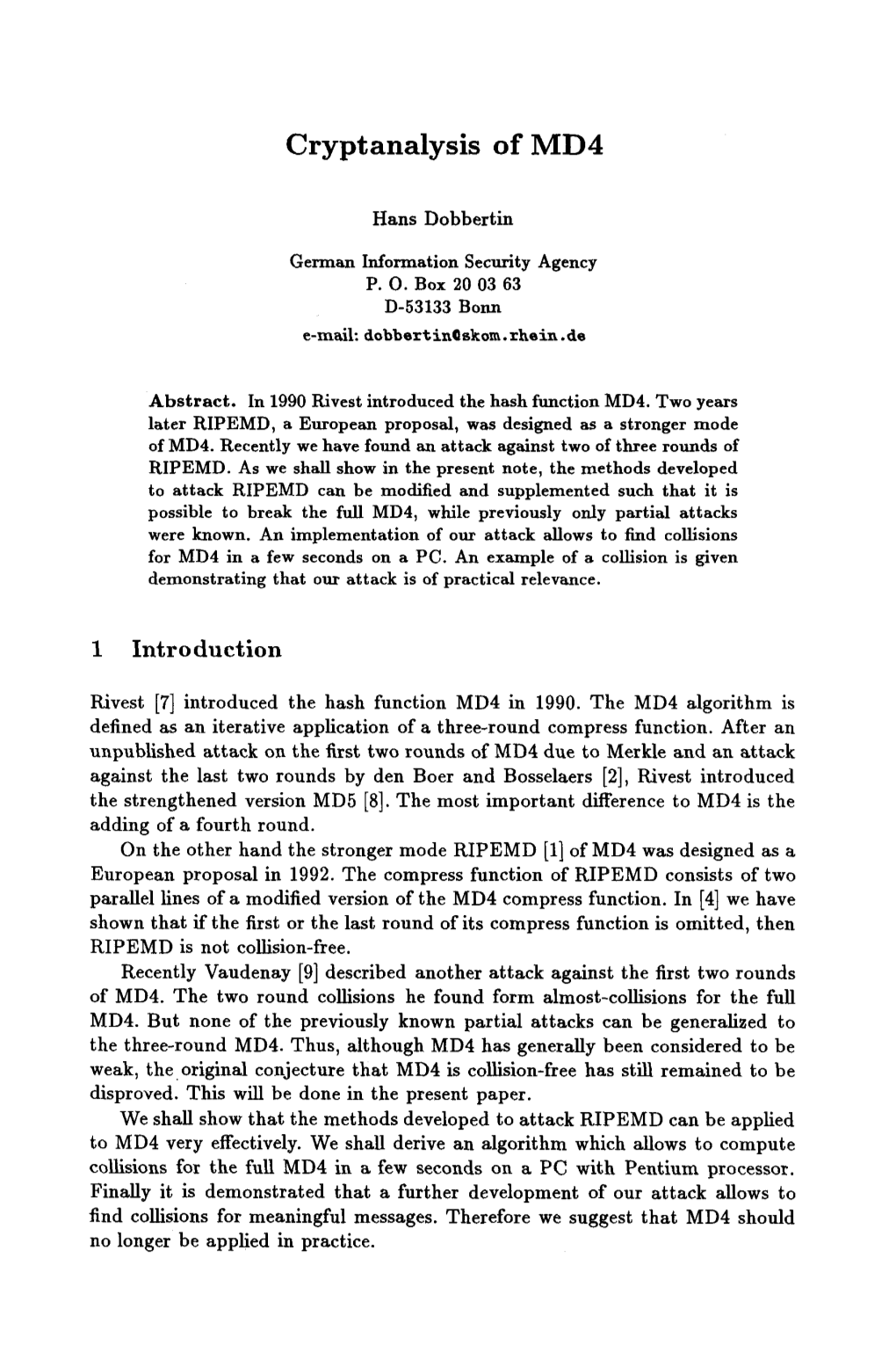 Cryptanalysis of MD4