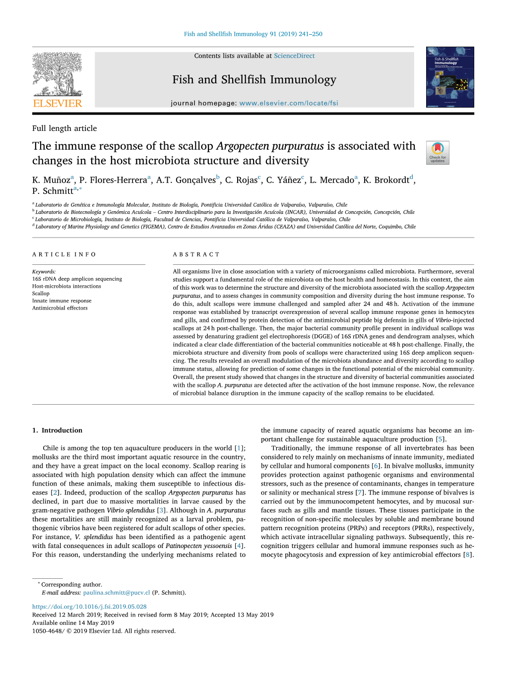 The Immune Response of the Scallop Argopecten Purpuratus Is Associated with Changes in the Host Microbiota Structure and Diversity T