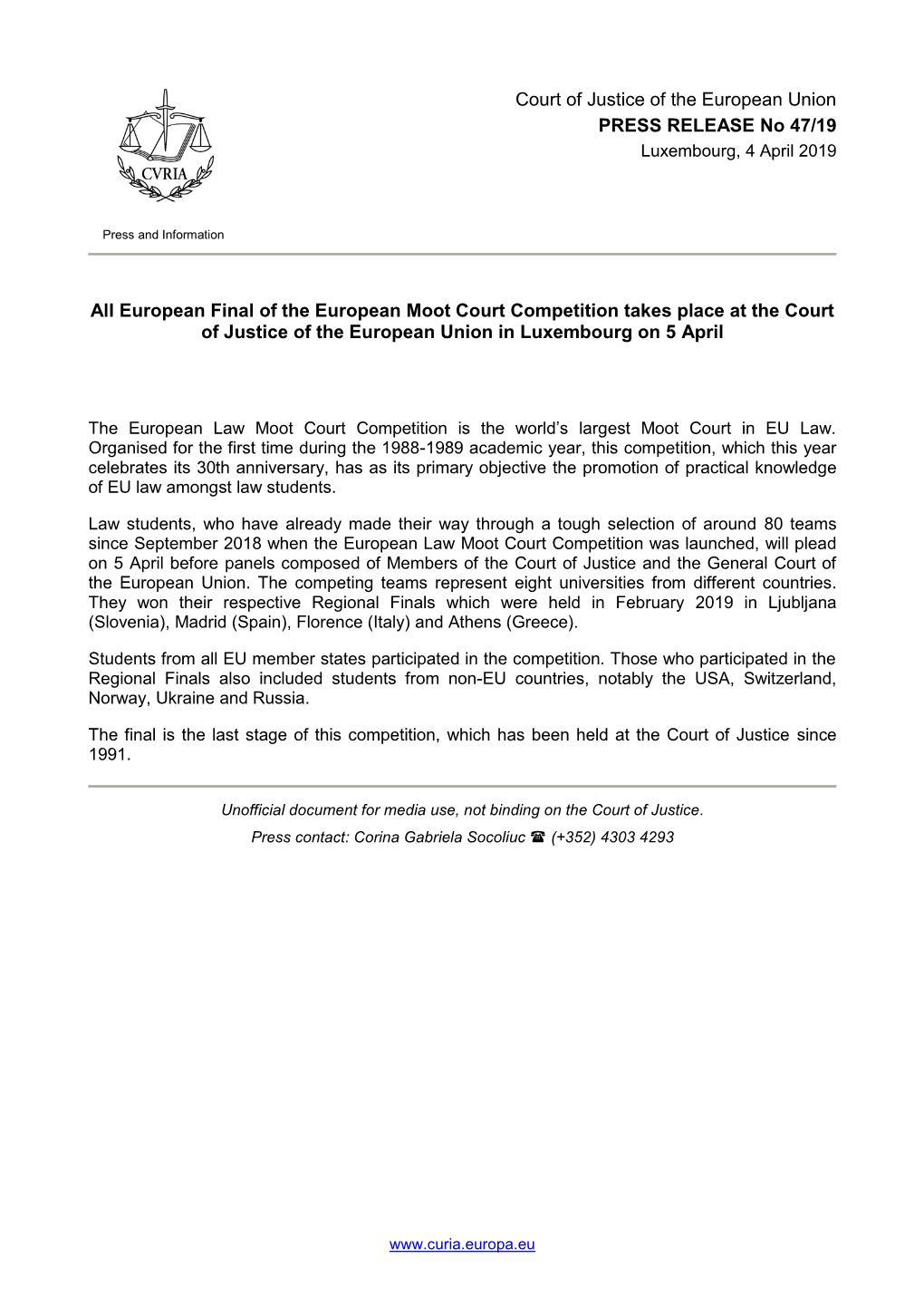 European Final of the European Moot Court Competition Takes Place at the Court of Justice of the European Union in Luxembourg on 5 April