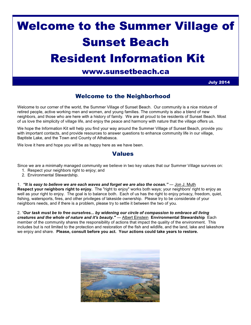 The Summer Village of Sunset Beach Resident Information Kit
