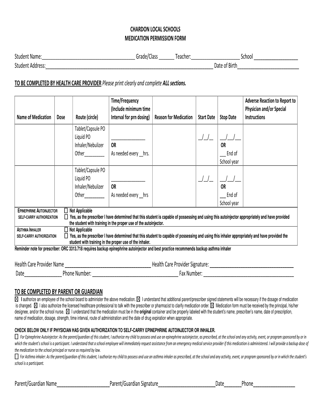 Medication Permission Form