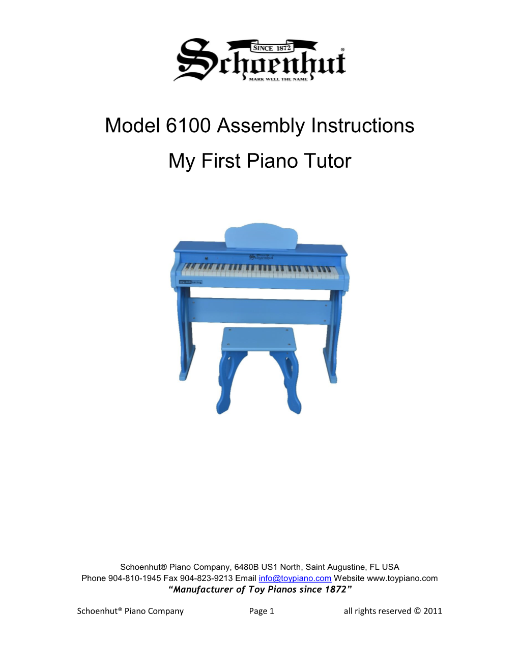 Model 6100 Assembly Instructions My First Piano Tutor