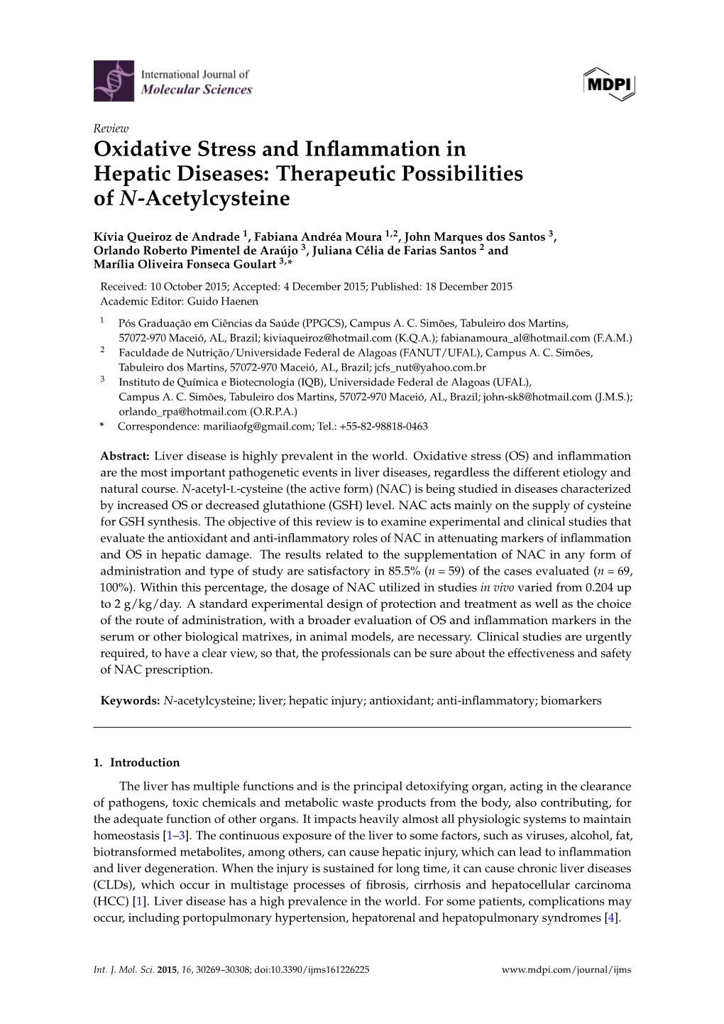 Oxidative Stress and Inflammation in Hepatic Diseases