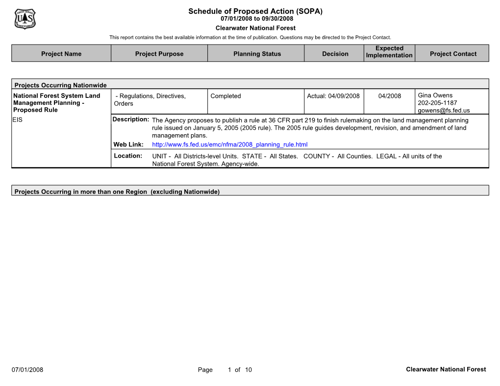 Schedule of Proposed Action (SOPA) 07/01/2008 to 09/30/2008 Clearwater National Forest This Report Contains the Best Available Information at the Time of Publication