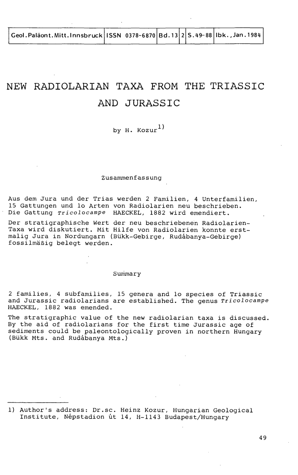 New Radiolarian Taxa from the Triassic and Jurassic