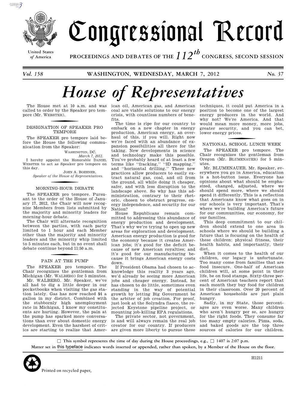 Congressional Record United States Th of America PROCEEDINGS and DEBATES of the 112 CONGRESS, SECOND SESSION