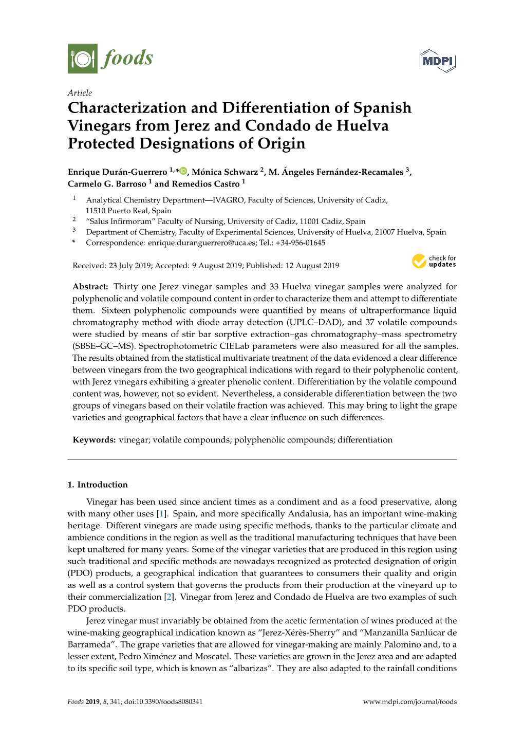 Characterization and Differentiation of Spanish Vinegars from Jerez And