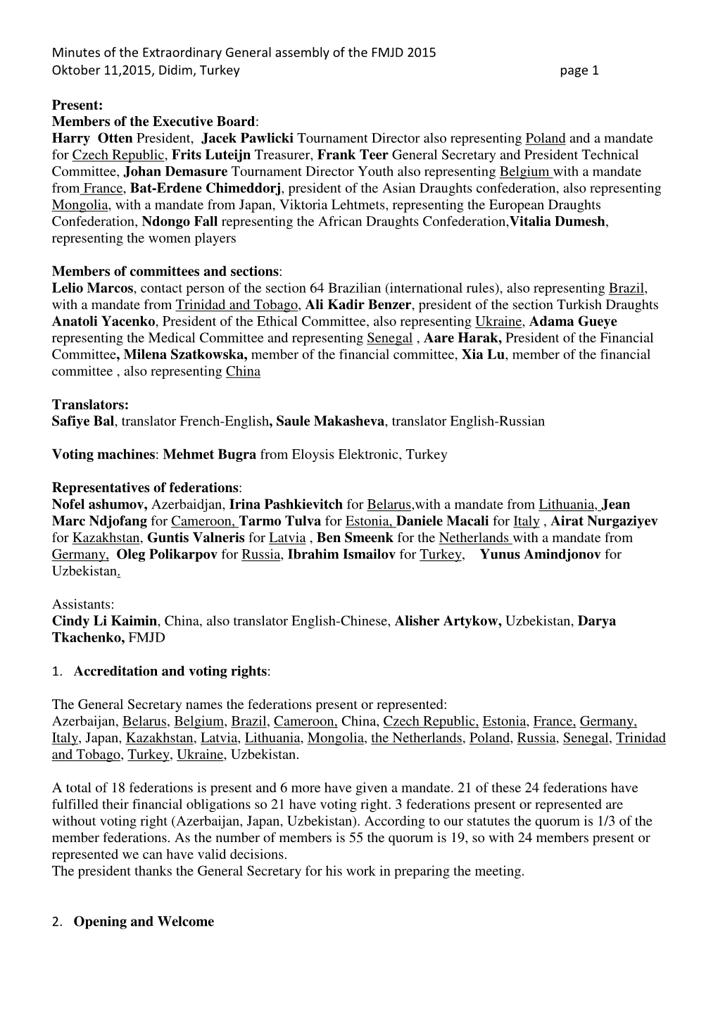 Minutes of the Extraordinary General Assembly of the FMJD 2015 Oktober 11,2015, Didim, Turkey Page 1