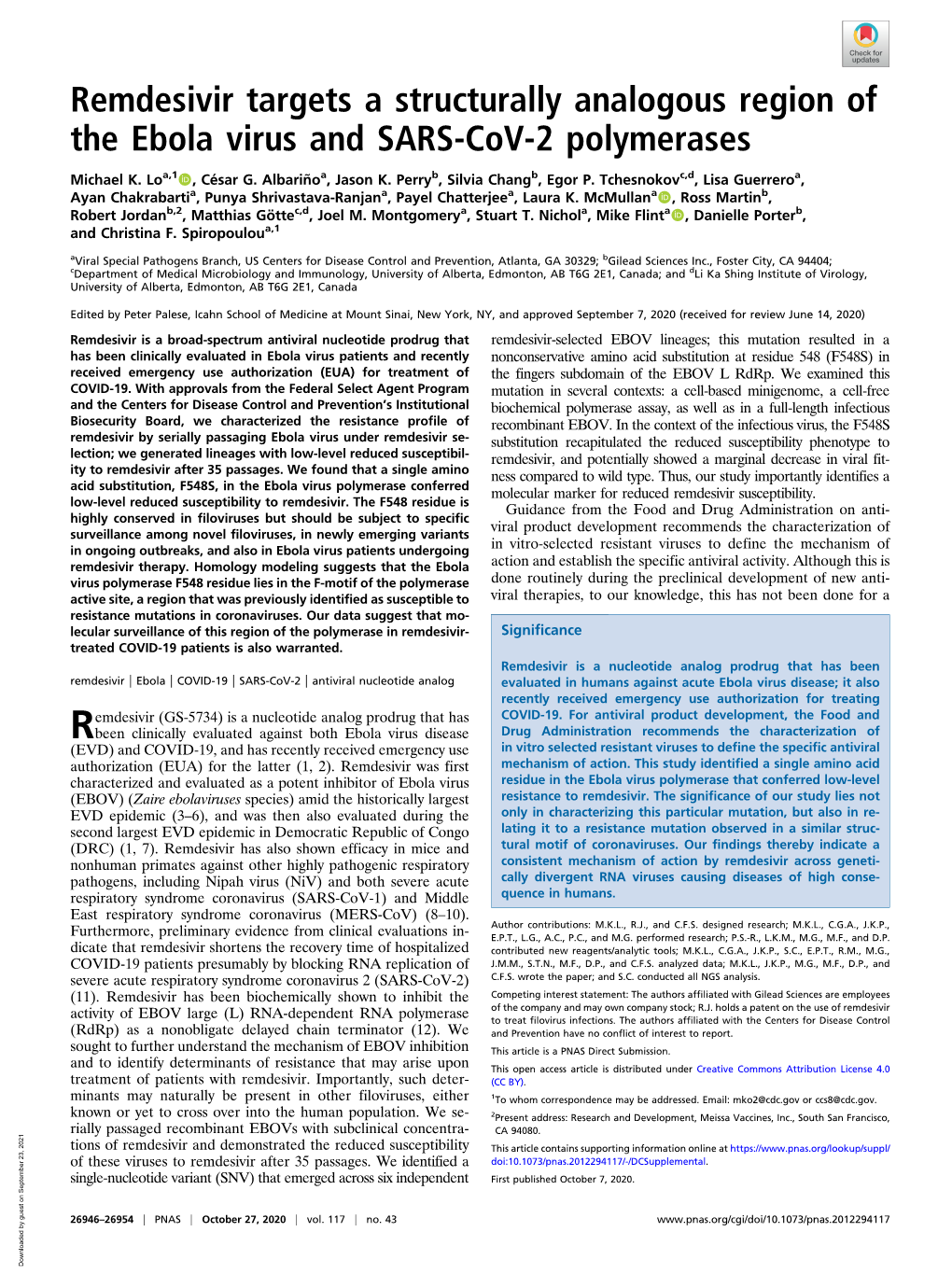 Remdesivir Targets a Structurally Analogous Region of the Ebola Virus and SARS-Cov-2 Polymerases