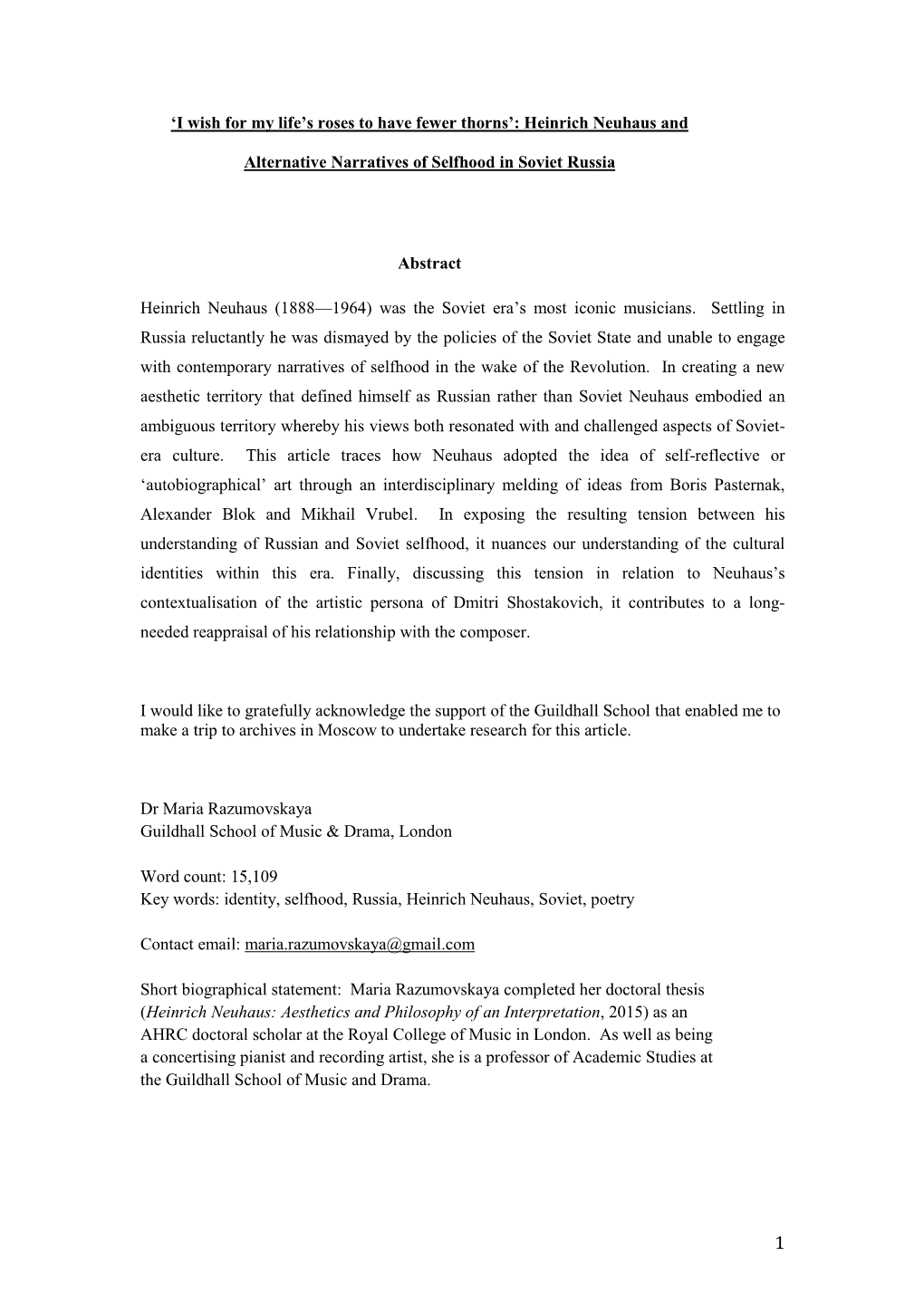 Heinrich Neuhaus and Alternative Narratives of Selfhood in Soviet Russi