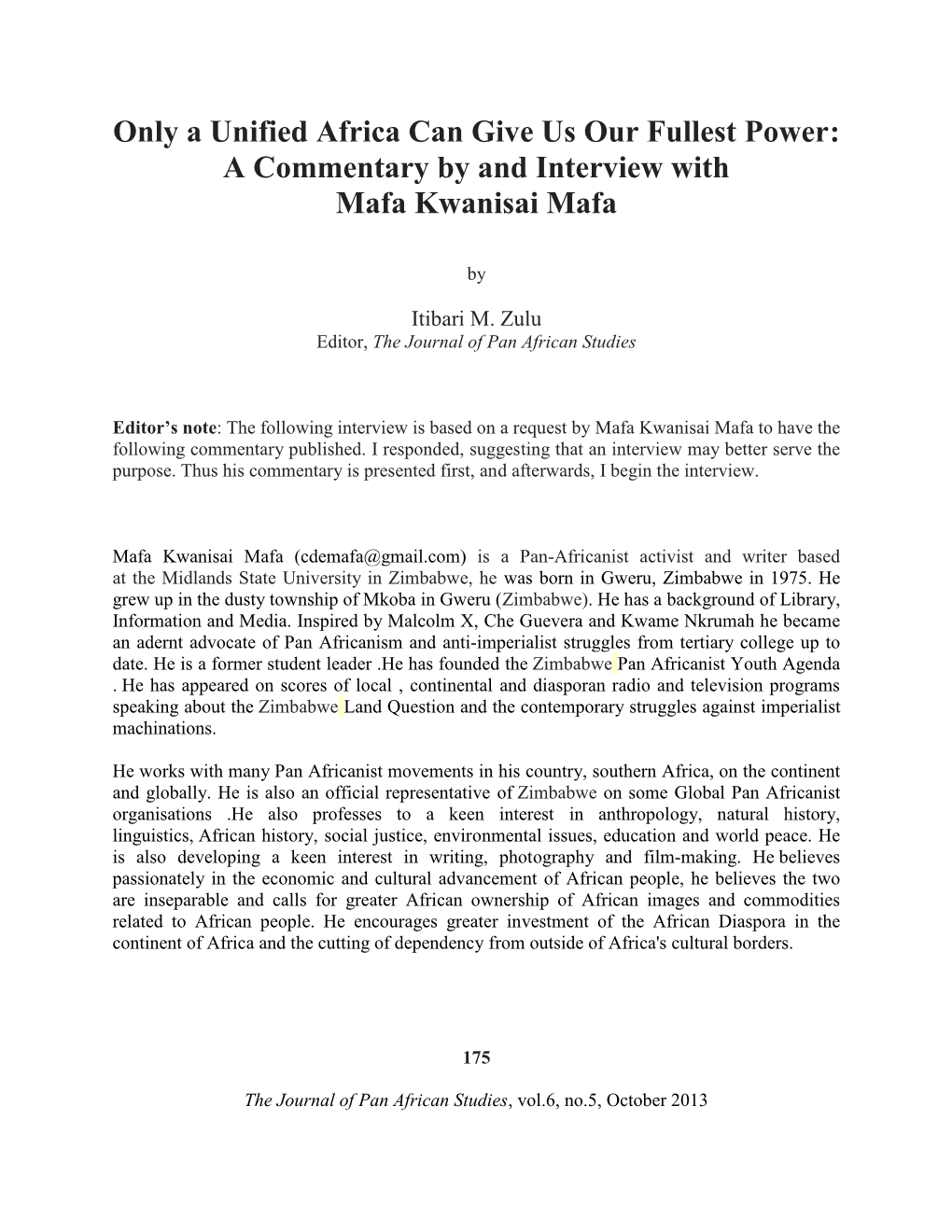 Only a Unified Africa Can Give Us Our Fullest Power: a Commentary by and Interview with Mafa Kwanisai Mafa