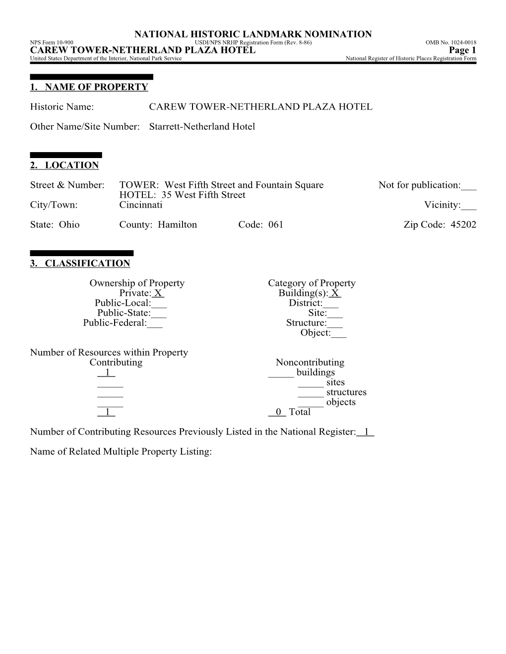 CAREW TOWER-NETHERLAND PLAZA HOTEL Page 1 United States Department of the Interior, National Park Service National Register of Historic Places Registration Form