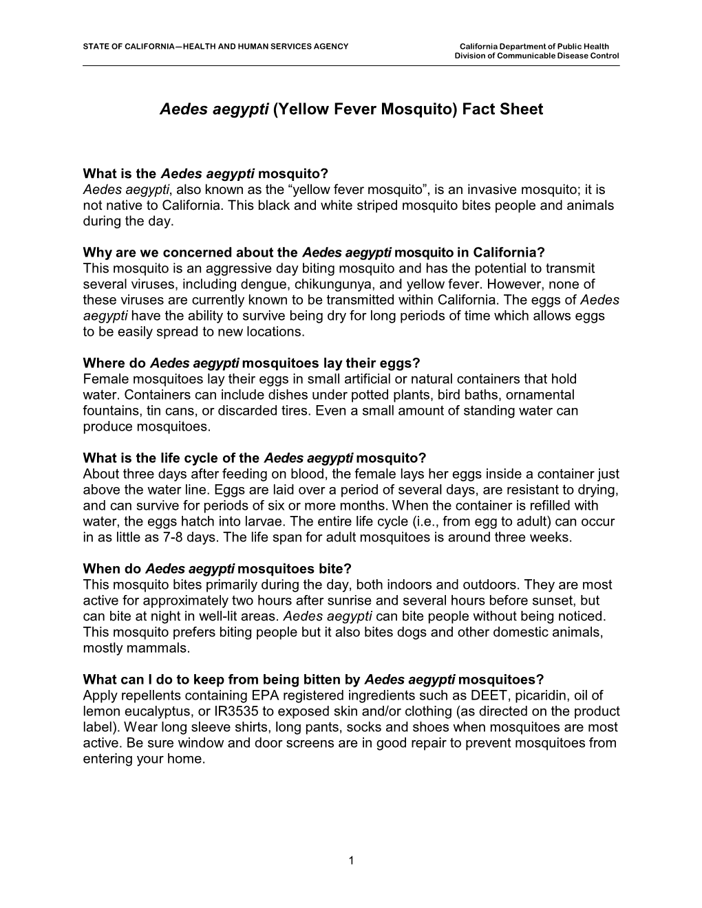 Aedes Aegypti (Yellow Fever Mosquito) Fact Sheet