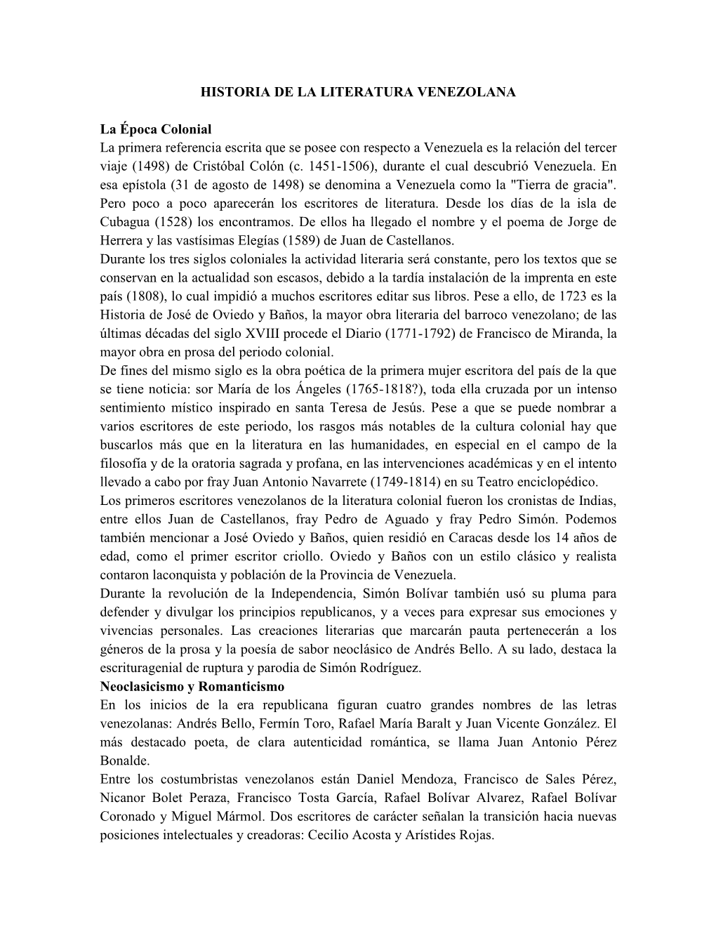 HISTORIA DE LA LITERATURA VENEZOLANA La Época Colonial