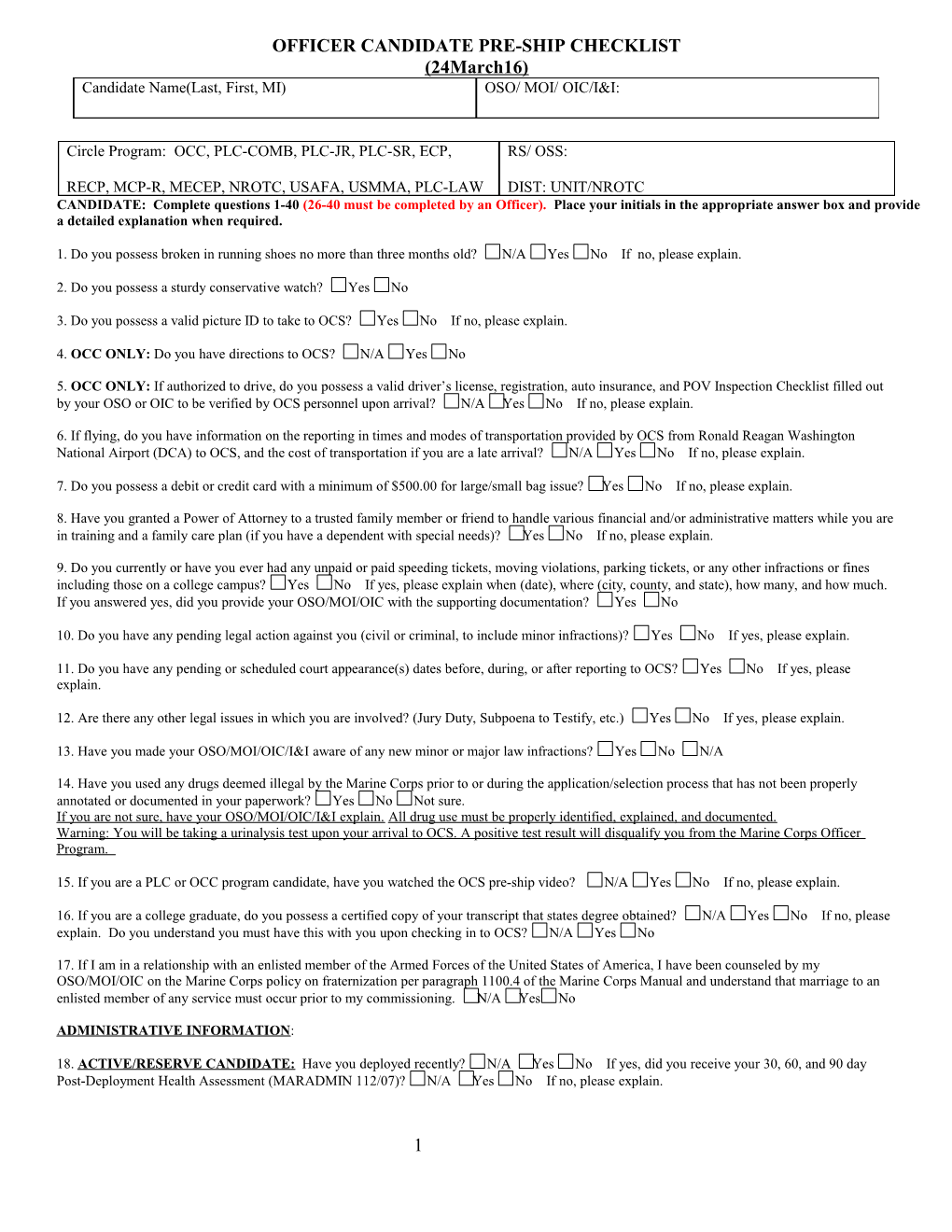 Officer Candidate (30 Day) Pre-Ship Checklist s1