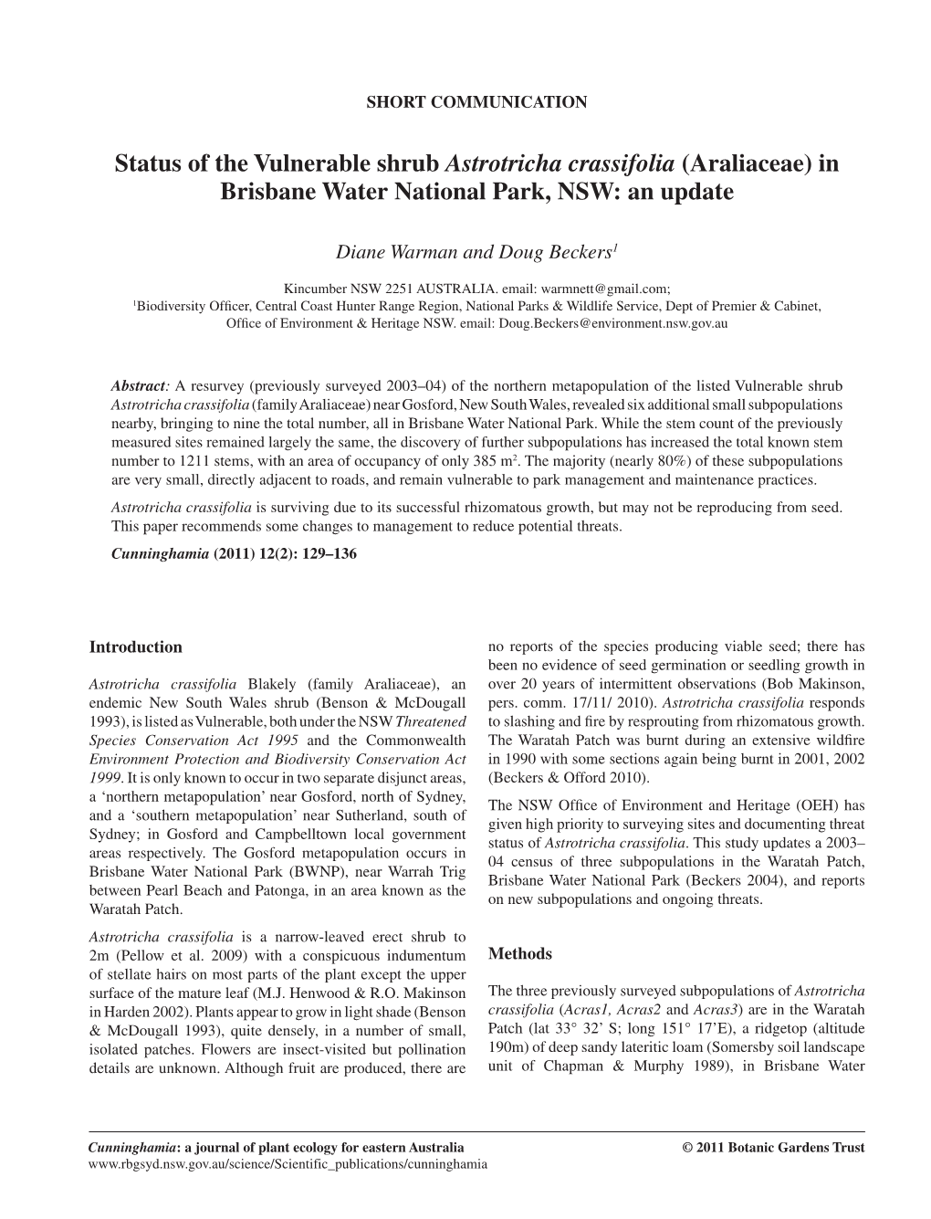 Status of the Vulnerable Shrub Astrotricha Crassifolia (Araliaceae) in Brisbane Water National Park, NSW: an Update