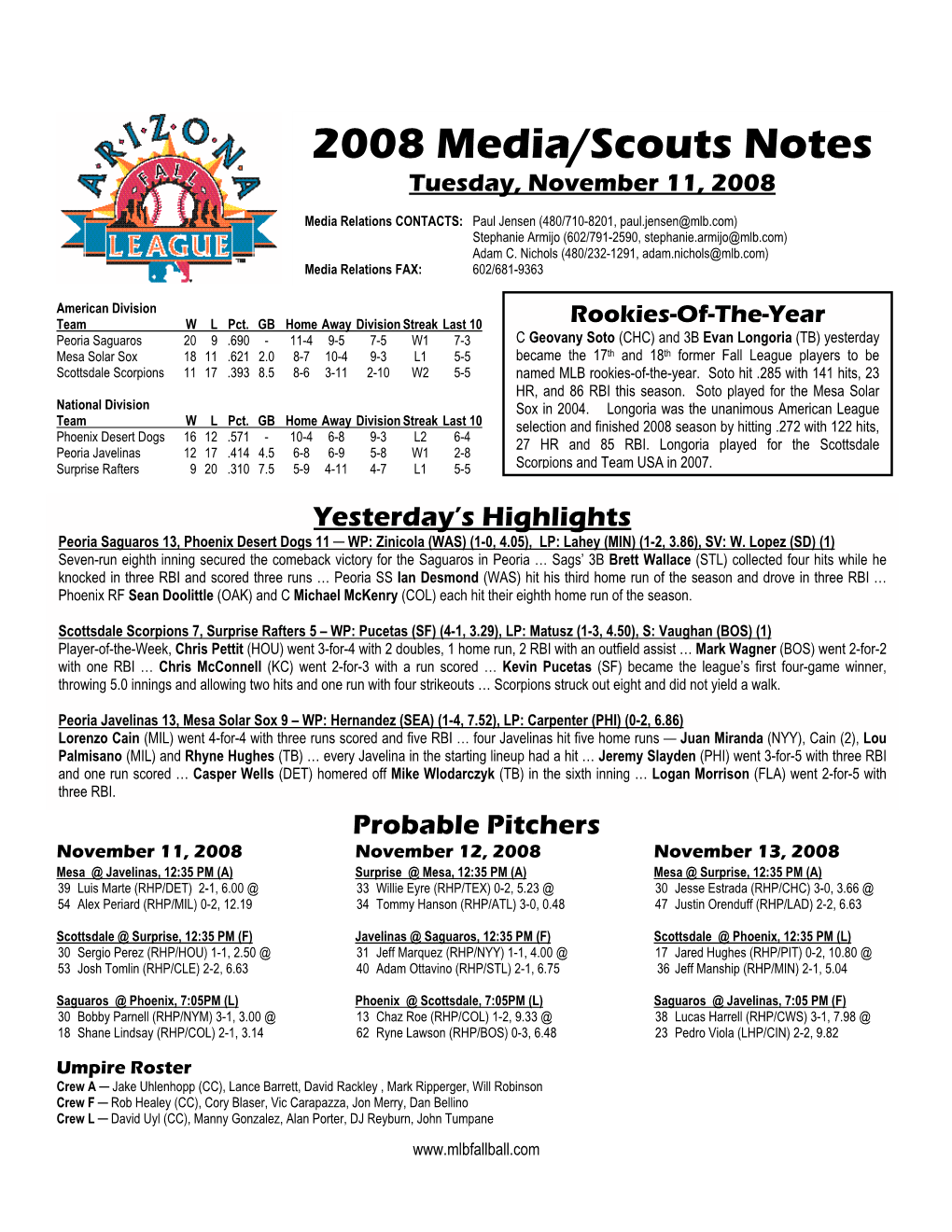 2008 Media/Scouts Notes Tuesday, November 11, 2008