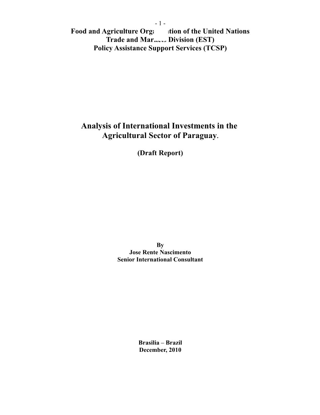 Analysis of International Investments in the Agricultural Sector of Paraguay