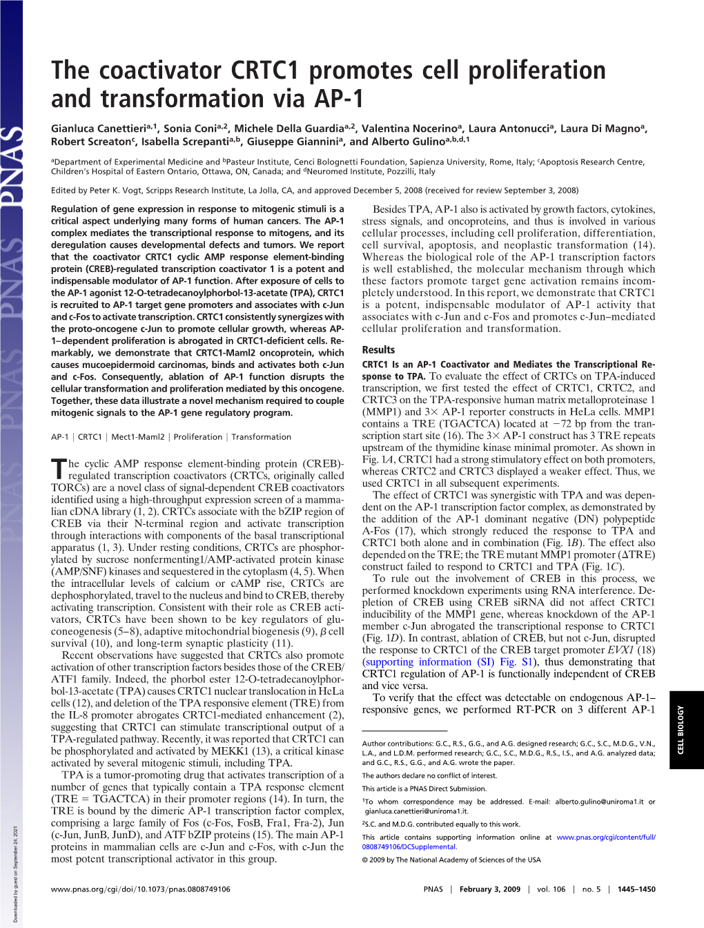 The Coactivator CRTC1 Promotes Cell Proliferation and Transformation Via AP-1