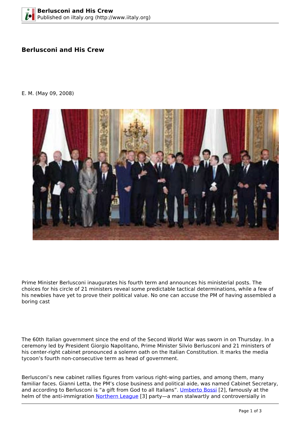 Berlusconi and His Crew Published on Iitaly.Org (