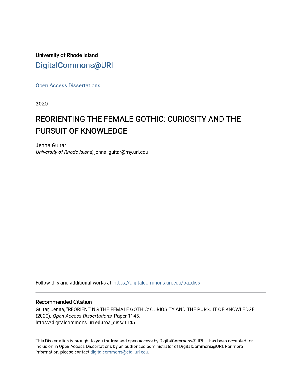 Reorienting the Female Gothic: Curiosity and the Pursuit of Knowledge