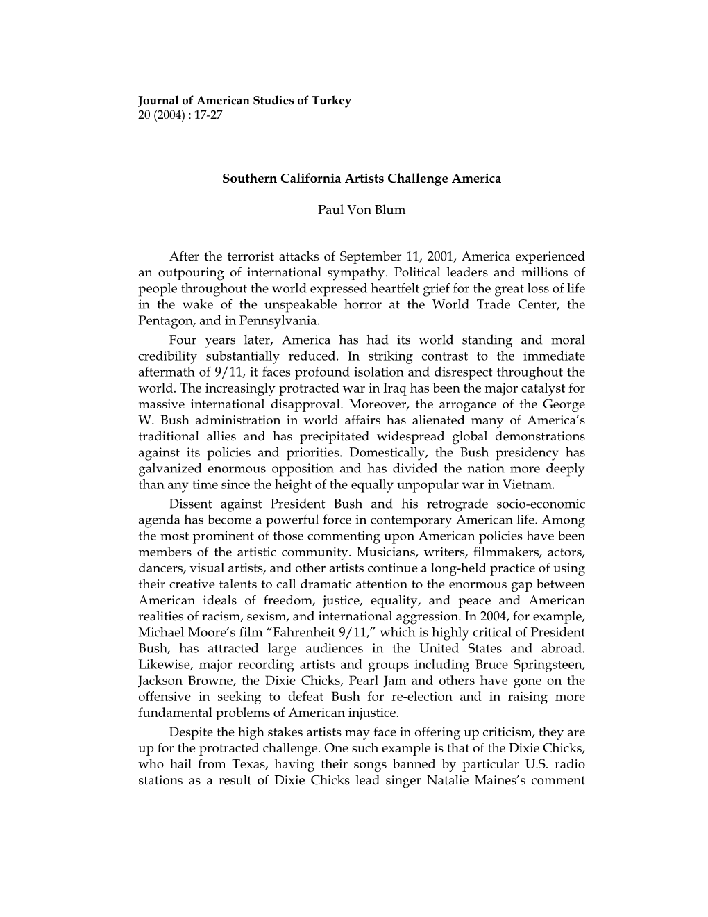 Southern California Artists Challenge America Paul Von Blum After the Terrorist Attacks of September 11, 2001, America Experienc